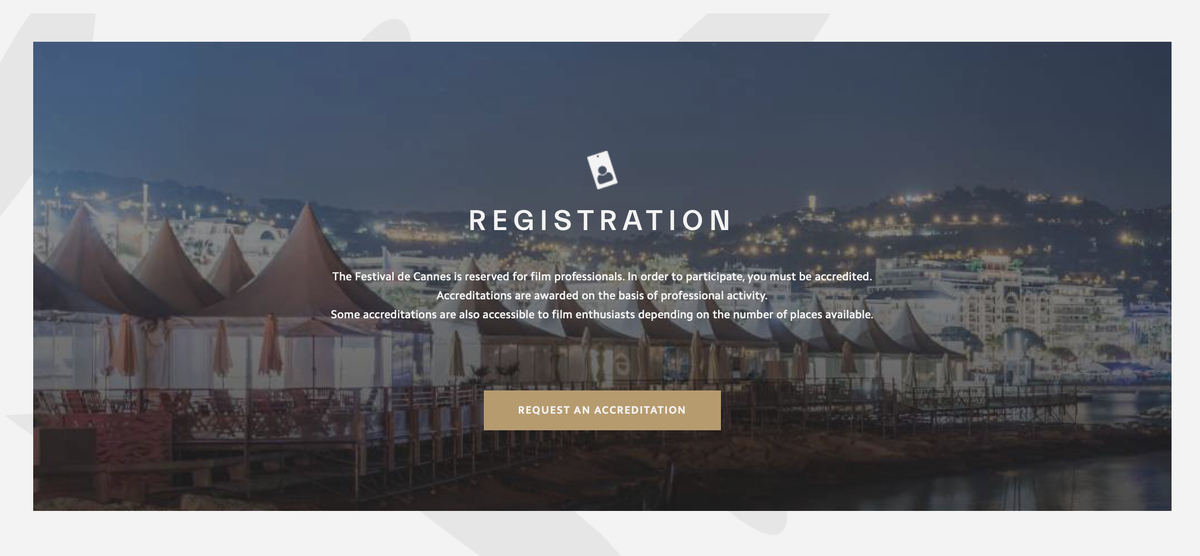 Опция выбора аккредитации доступна на главной странице сайта, выбрать нужно 3 days in Cannes. Скриншот: сайт Каннского фестиваля