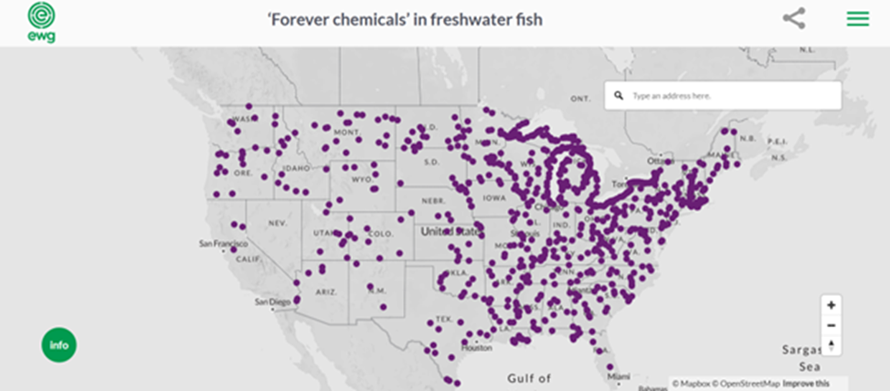 Интерактивная карта с информацией о содержании "вечных химикатов" в пресноводной рыбе 