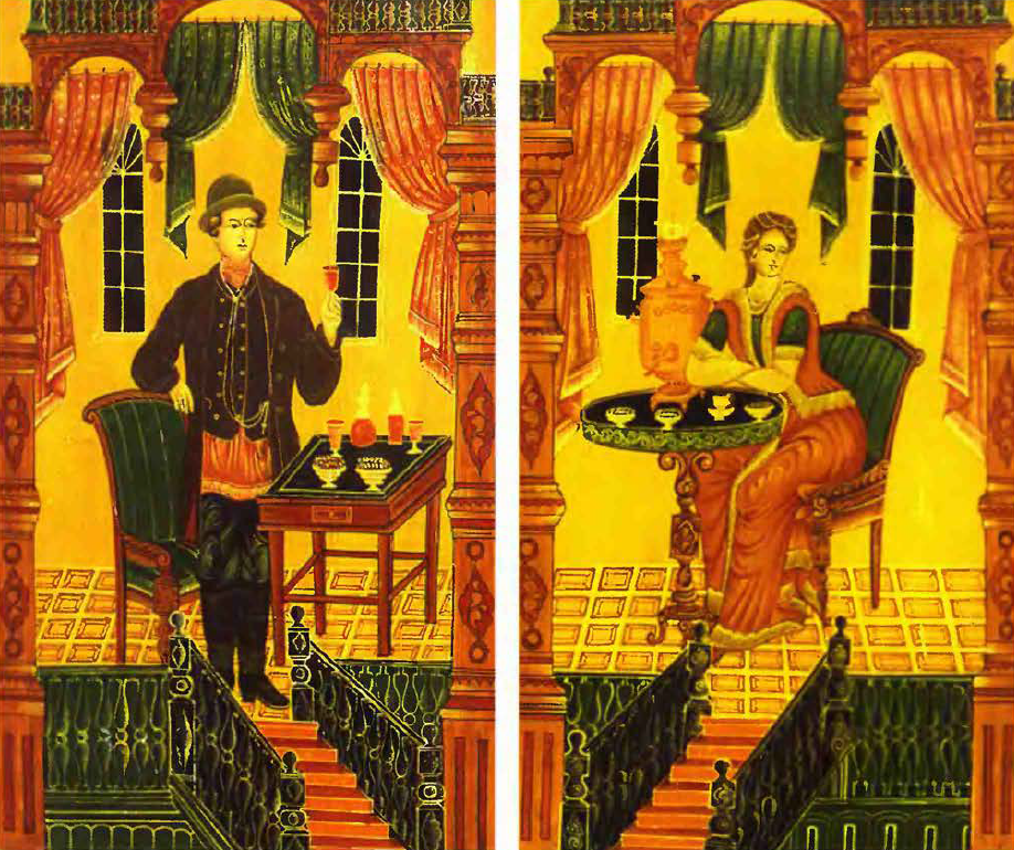 Лебедев И.К. Расписная ширма. Фрагмент. 1935. Источник: Супрун Л.Я. Городецкая роспись. М.: Культура и традиции, 2006.