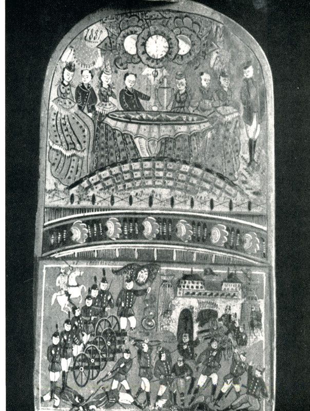 Городецкая роспись на прялке «Застолье» и «Сражение под Адрианополем». Работа Гавриила Лаврентьевича Полякова. (1887г.). Загорский музей-заповедник. Источник: Ю.Арбат "Путешествие за красотой", М. 1966.