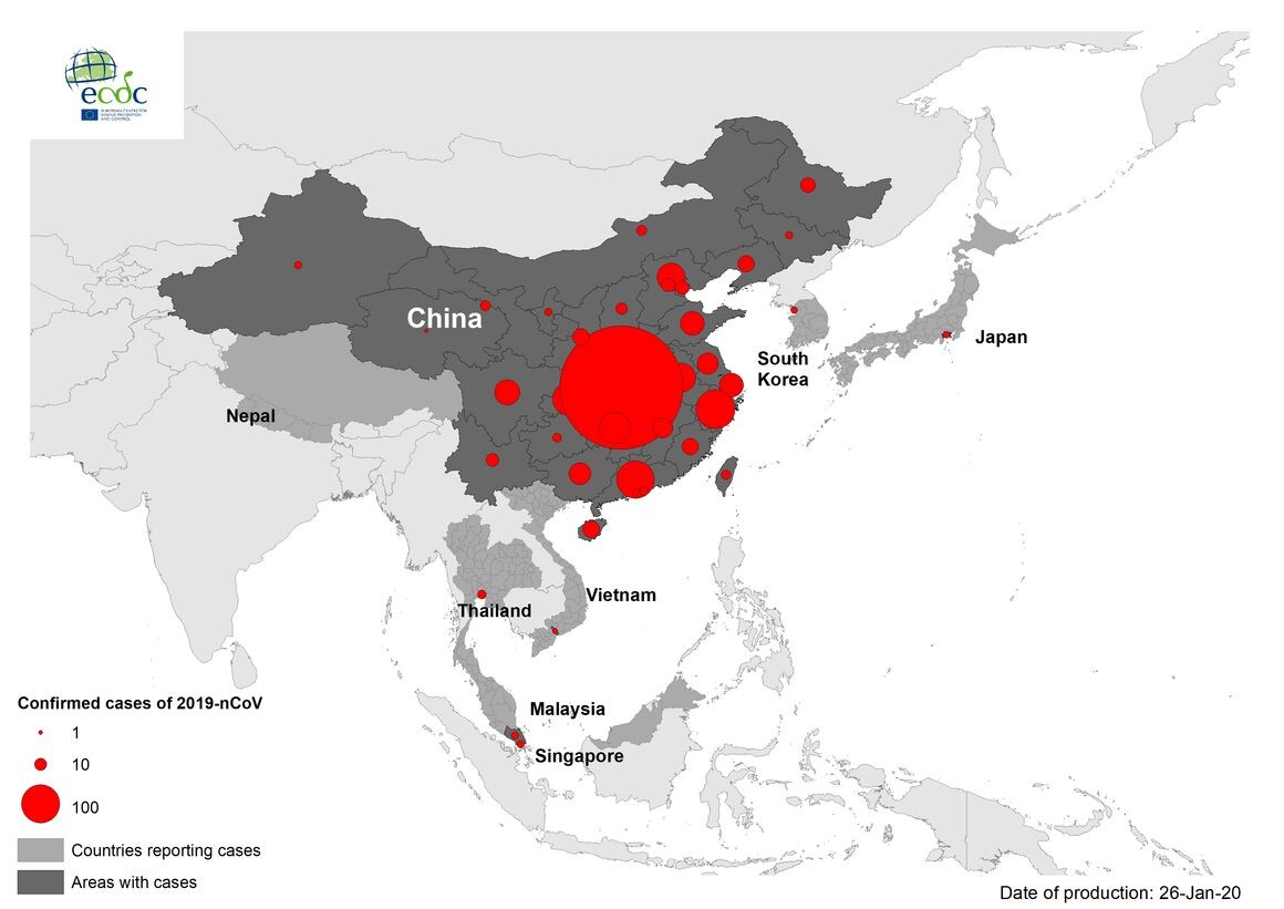 Распостранение COVID-19 в Восточной Азии в конце января 2020