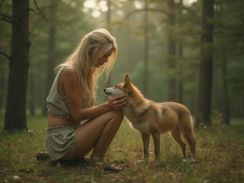 Девушка гладит волчонка. Картинка создана нейросетью. 