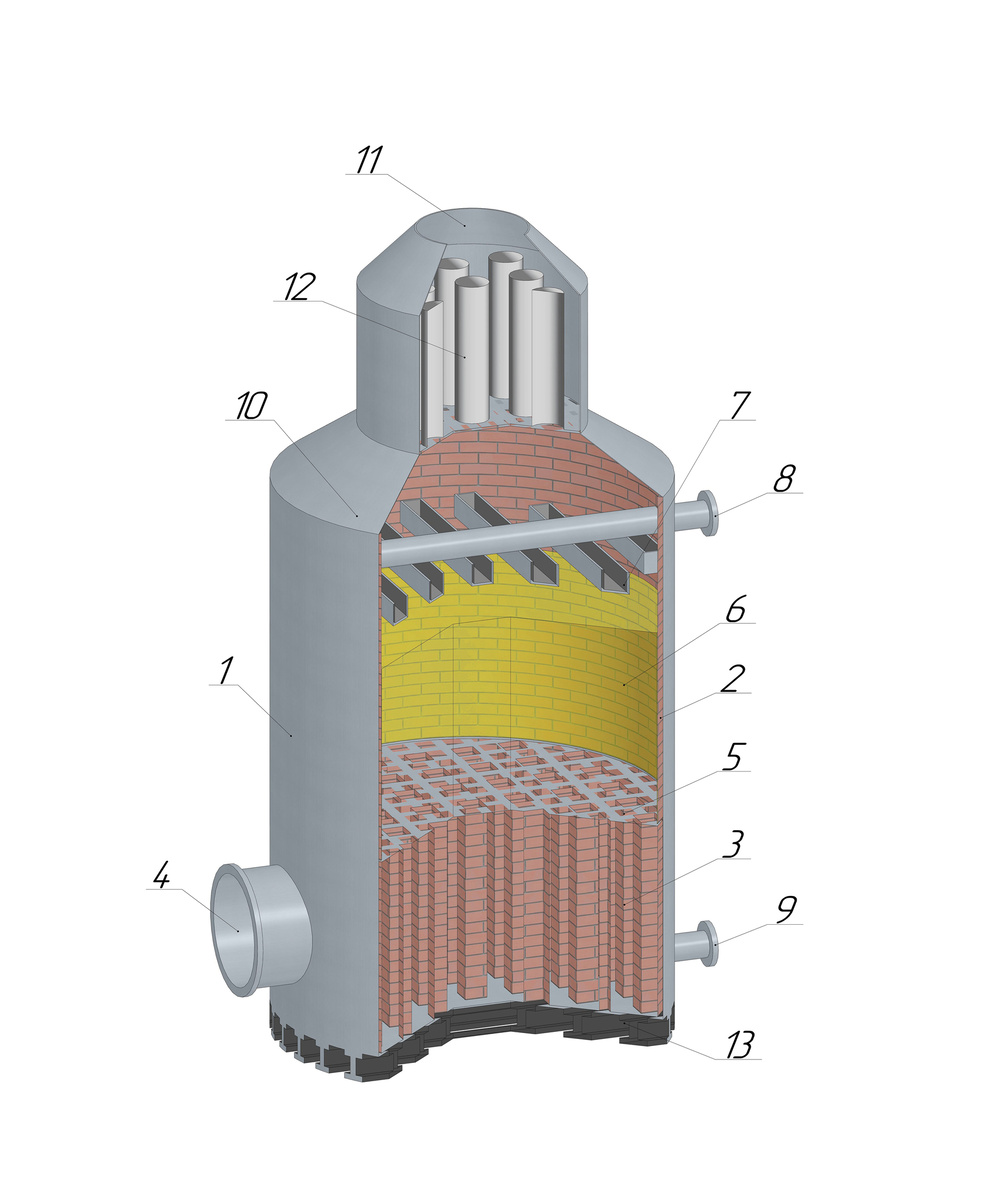Рисунок 1 – Абсорбер производства серной кислоты: 1 – корпус; 2 – футеровка; 3 – опоры насадки; 4 – патрубок входа газовой смеси; 5 – опорная решетка; 6 –слой насадки; 7 – распределительное устройство; 8 – патрубок входа серной кислоты; 9 – патрубок выхода серной кислоты; 10 – крыша; 11 – патрубок выхода газовой смеси; 12 – патронные фильтры; 13 – каркас из продольных и поперечных балок.