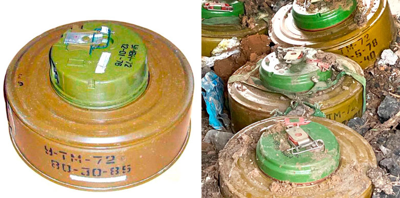 Советская мина ТМ-72 с неконтактными магнитными взрывателями. Слева: с МВН-72 (учебная). Справа: с МВН-80, обнаруженные в Донбассе сравнительно недавно (фото из открытых источников)