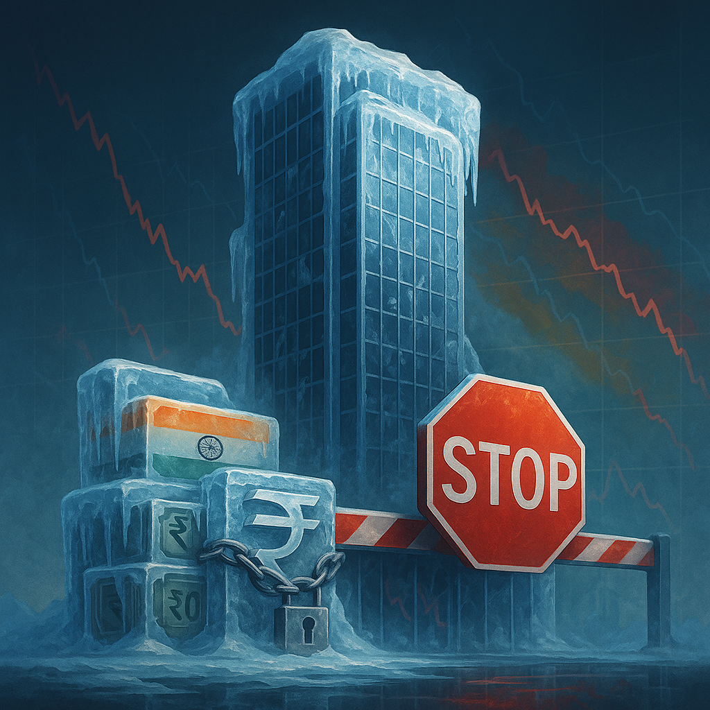 Ледяная башня с замороженными рупиями за красным «стоп»-знаком иллюстрирует блокировку Jane Street и заморозку её активов на индийском рынке.