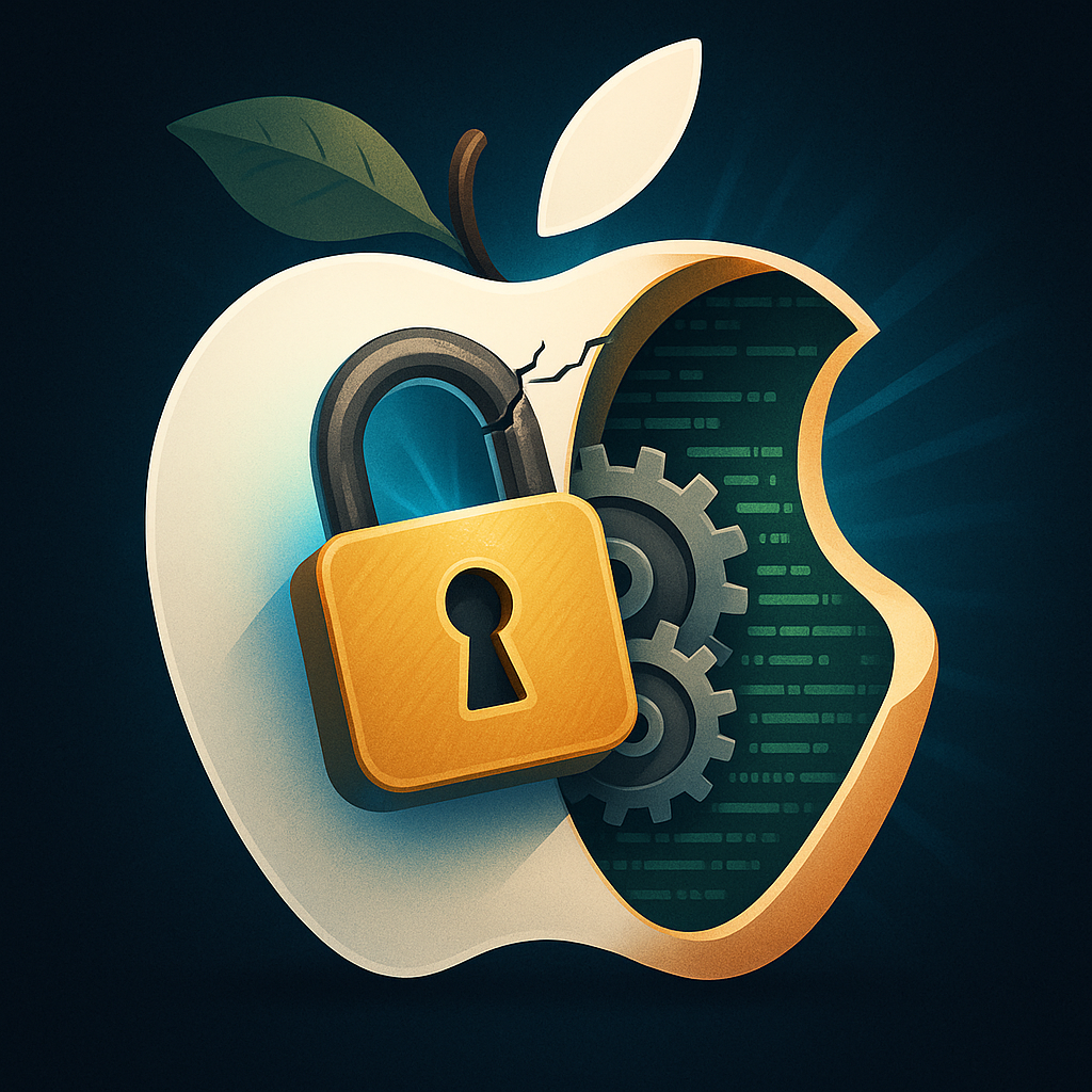 Расколотый замок на разрезанном яблоке, откуда видны шестерёнки и строки кода, символизирует «взлом» и утечку внутренних фильтров Apple Intelligence.