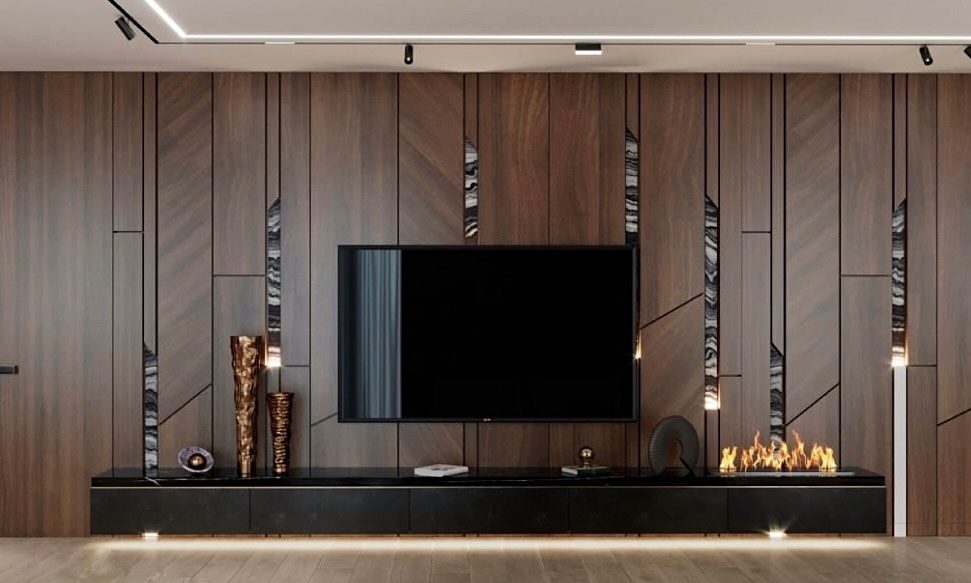 Современная гостиная с камином, встроенным в консоль ТВ-зоны
