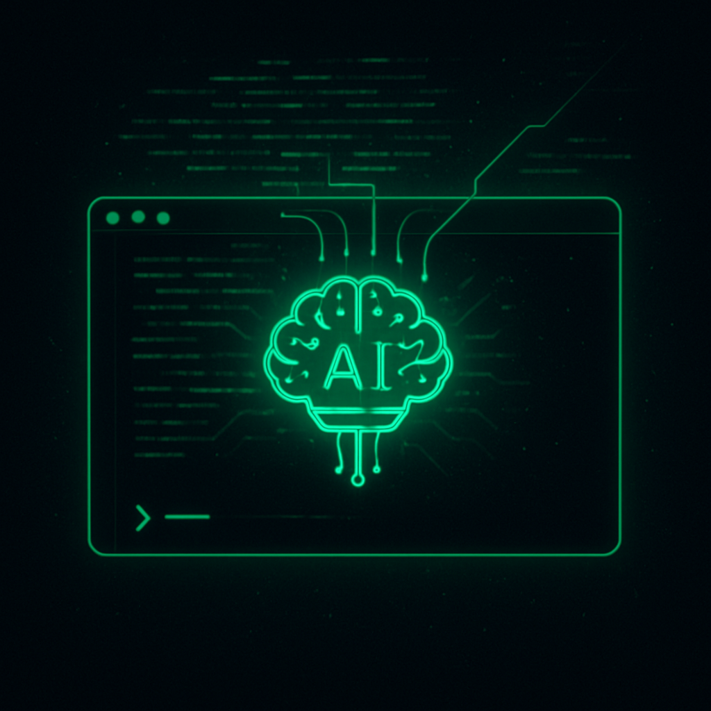 Неоновый терминал с «мозгом-чипом», окружённым потоками зелёного кода, визуально передаёт идею AI-агента Opencode, работающего прямо в командной строке.