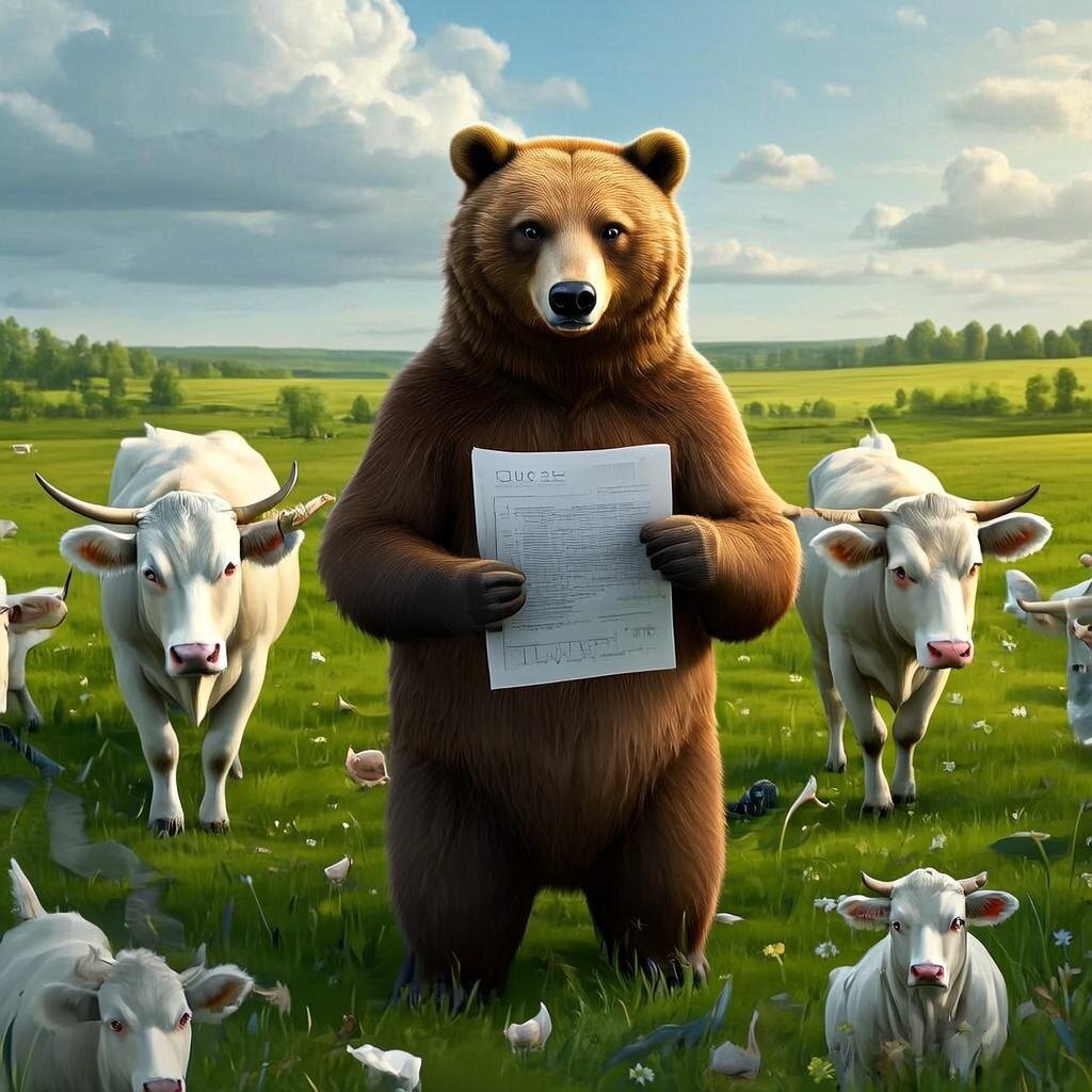 Медведь возглавляет стадо коров. Рисунок ИИ