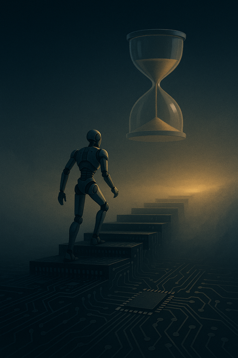 Робот поднимается по ступеням-микросхемам, уходящим в туман, а над ним застыл огромный песочный час — образ долгого, неопределённого пути к настоящему AGI.