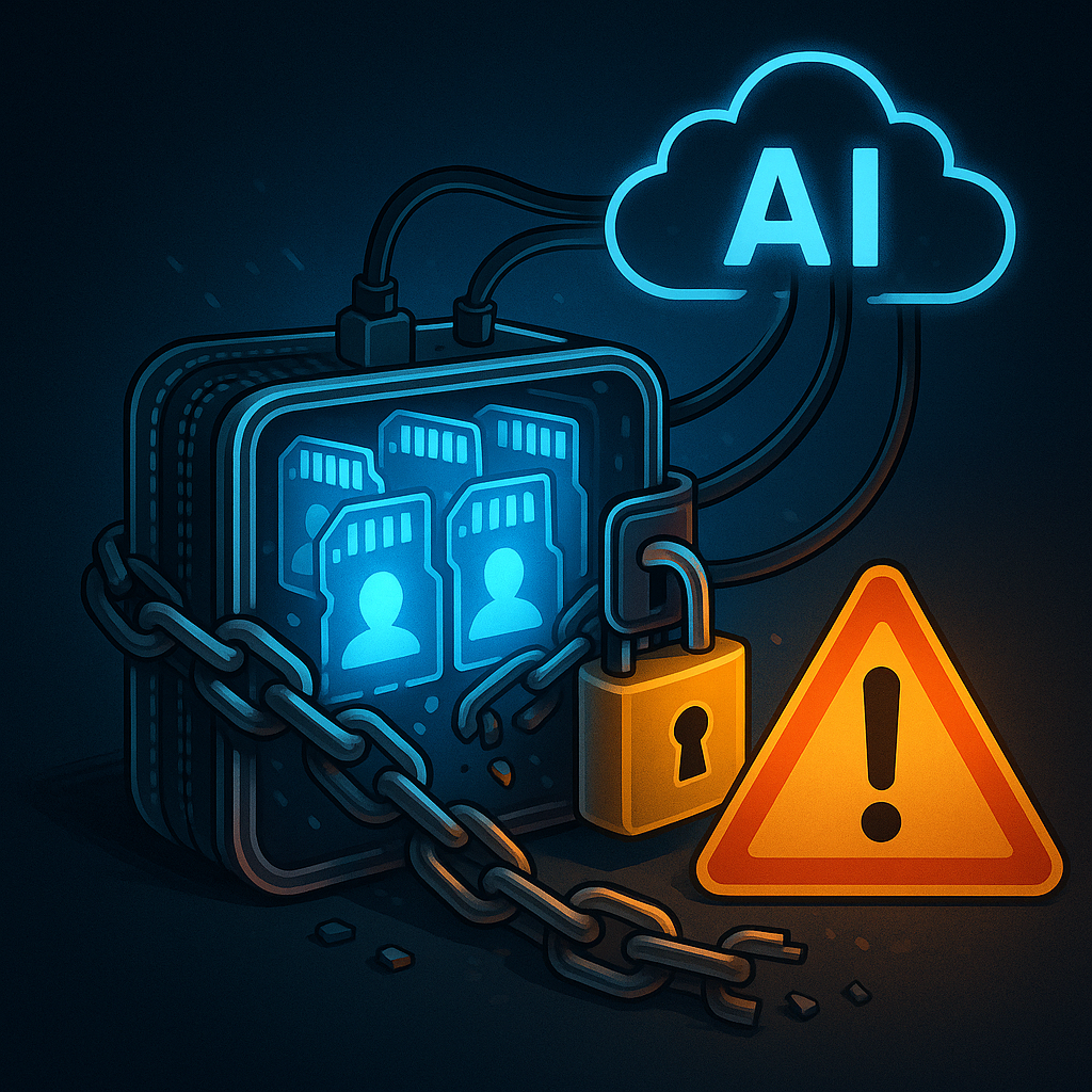 «Кошелёк» с личными данными закован в цепь и подключён к облачному ИИ, рядом — тревожный знак и лопающиеся звенья: образ показывает, почему переносимая память-агент звучит хорошо, но на практике таит риски и ответственность, к которой не готов ни бизнес, ни пользователь.