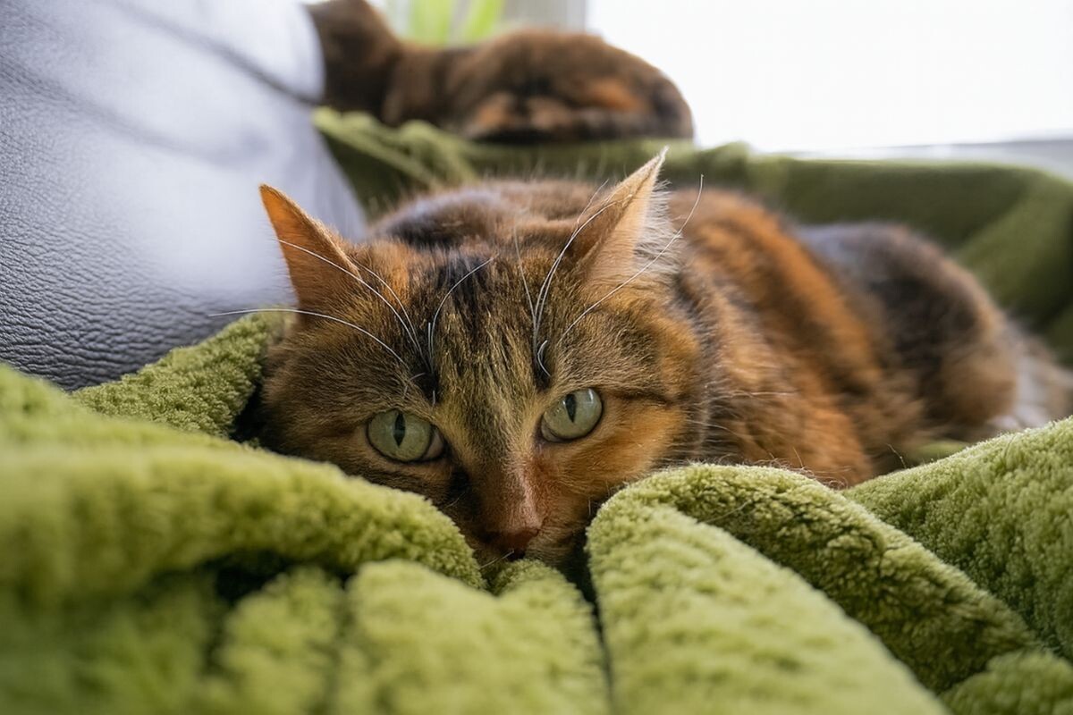 Кошка лежит на полотенце 