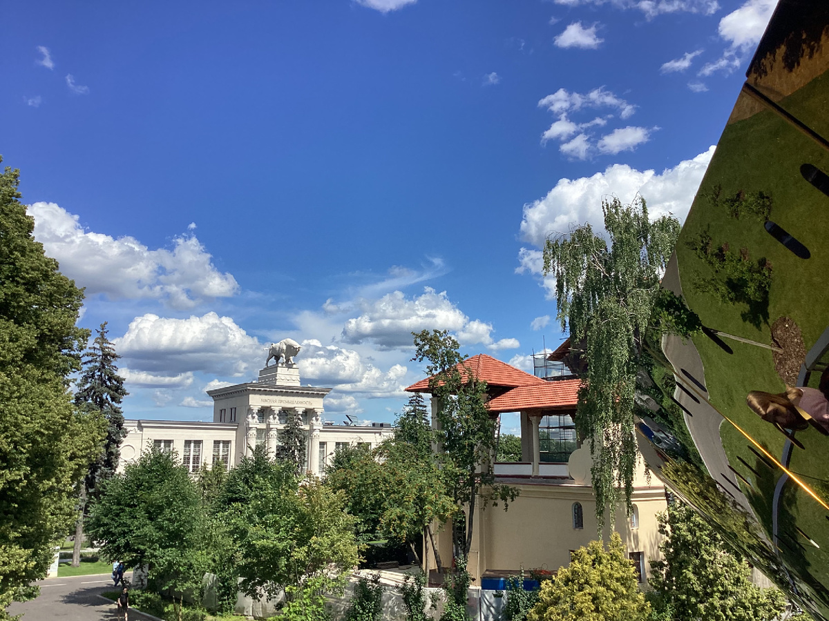 Вид на павильон «Животноводство» с огромным быком наверху. Фото автора.