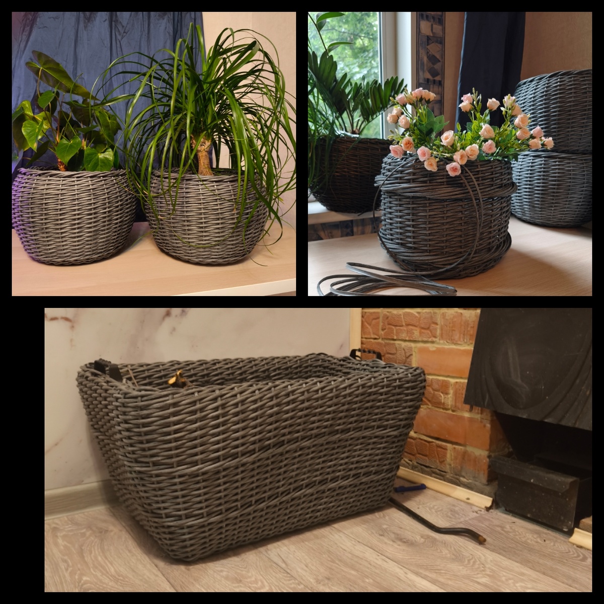 Мои два кашпо, ушат с ручками и корзина для дров