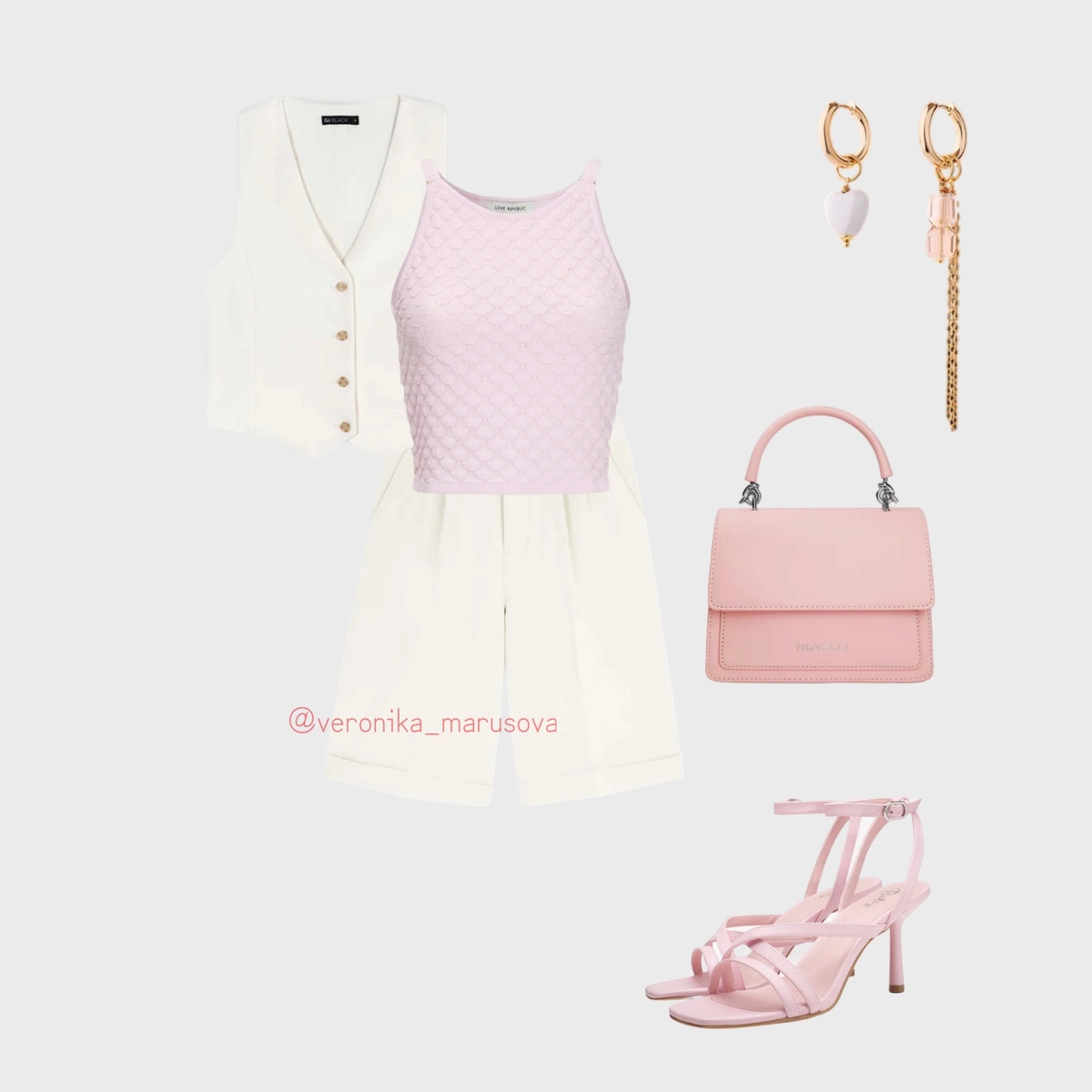 Цвет аксессуаров повторяет цвет топа. Длинные серьги идеально дополняют игривое настроение образа.