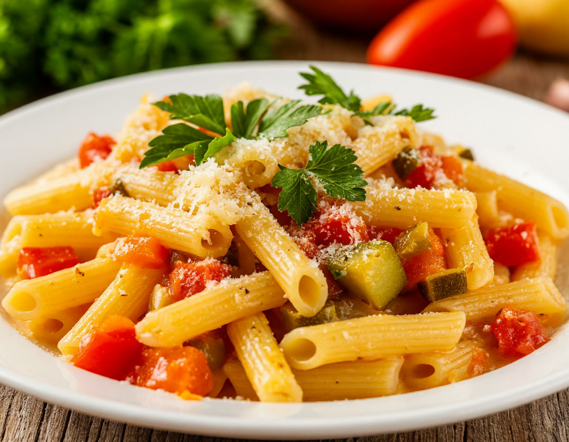 Макароны с овощами и сыром