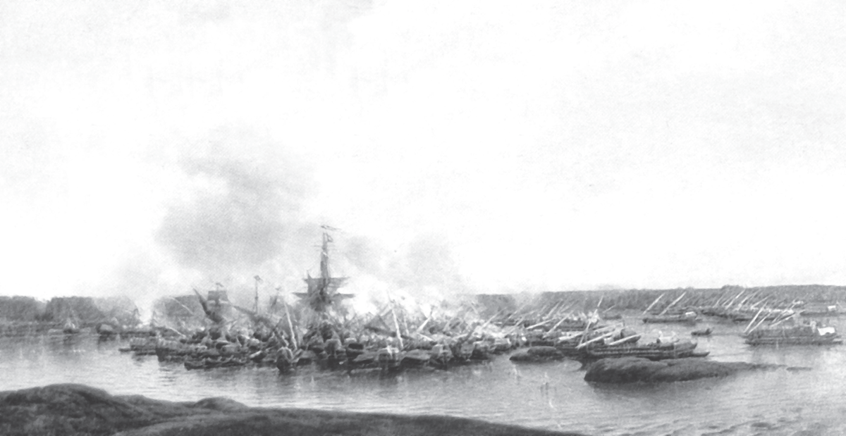 Гангутское сражение 27 июля 1714 года. Художник А.П. Боголюбов. В центре боя — взятый в плен шведский прам «Элефант». Его конструкция впоследствии использовалась в русском судостроении