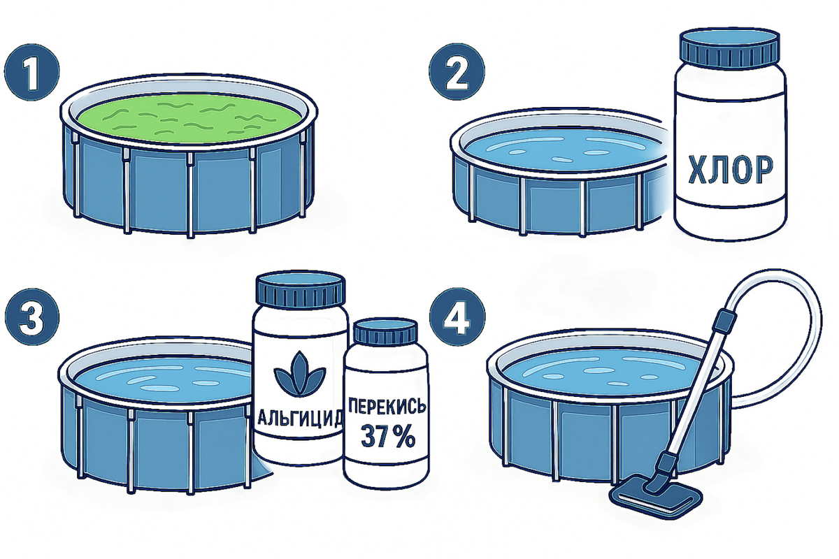 Схематичное изображение рекомендаций, если вода в вашем бассейне позеленела.