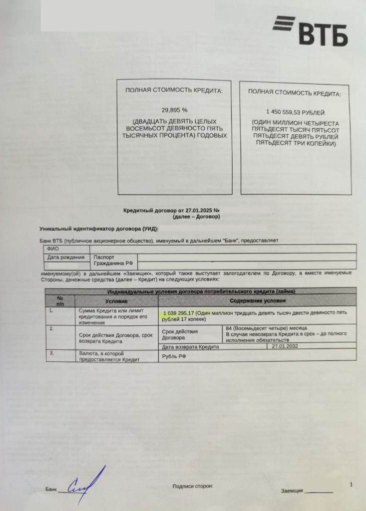 Кредитный договор в ВТБ