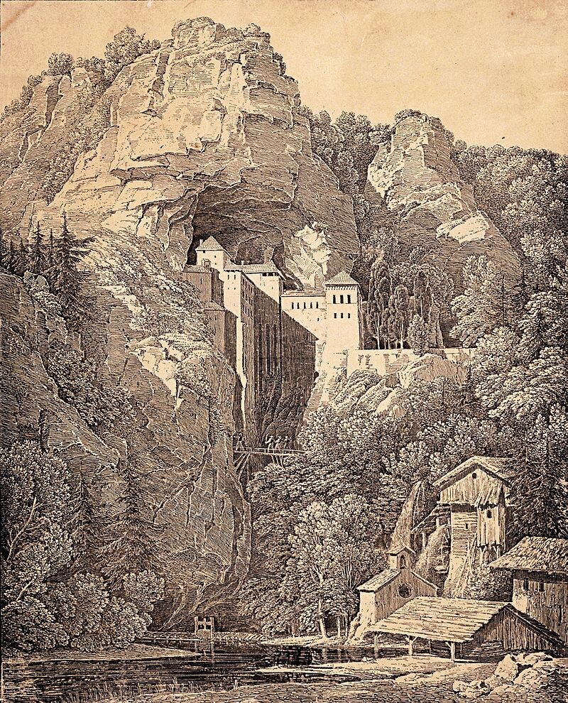 Предъямский замок на литографии К. Ф. Шинкеля, 1816 год https://sk.wikipedia.org/wiki/Predjamsk%C3%BD_hrad