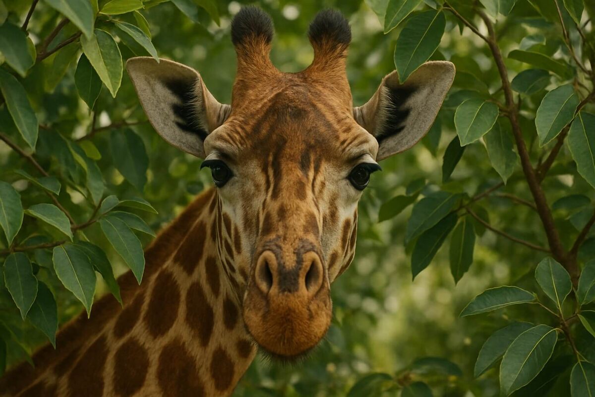    В тени деревьев пятнистый узор помогает жирафу буквально растворяться в окружении