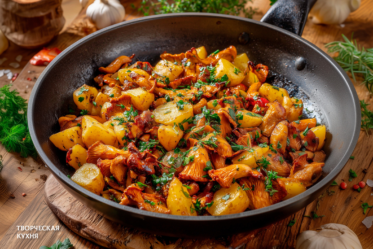 Жареный картофель с лисичками