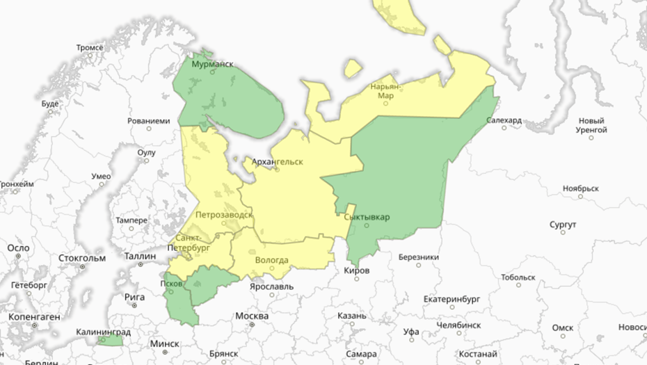    Прогностическая карта предупреждений для СЗФО Автор фото: meteoinfo.ru