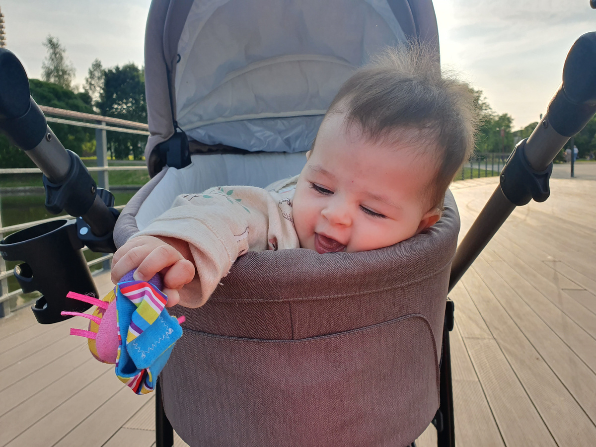 Хулиганка, любит выбрасывать игрушки из коляски и смотреть, как они падают