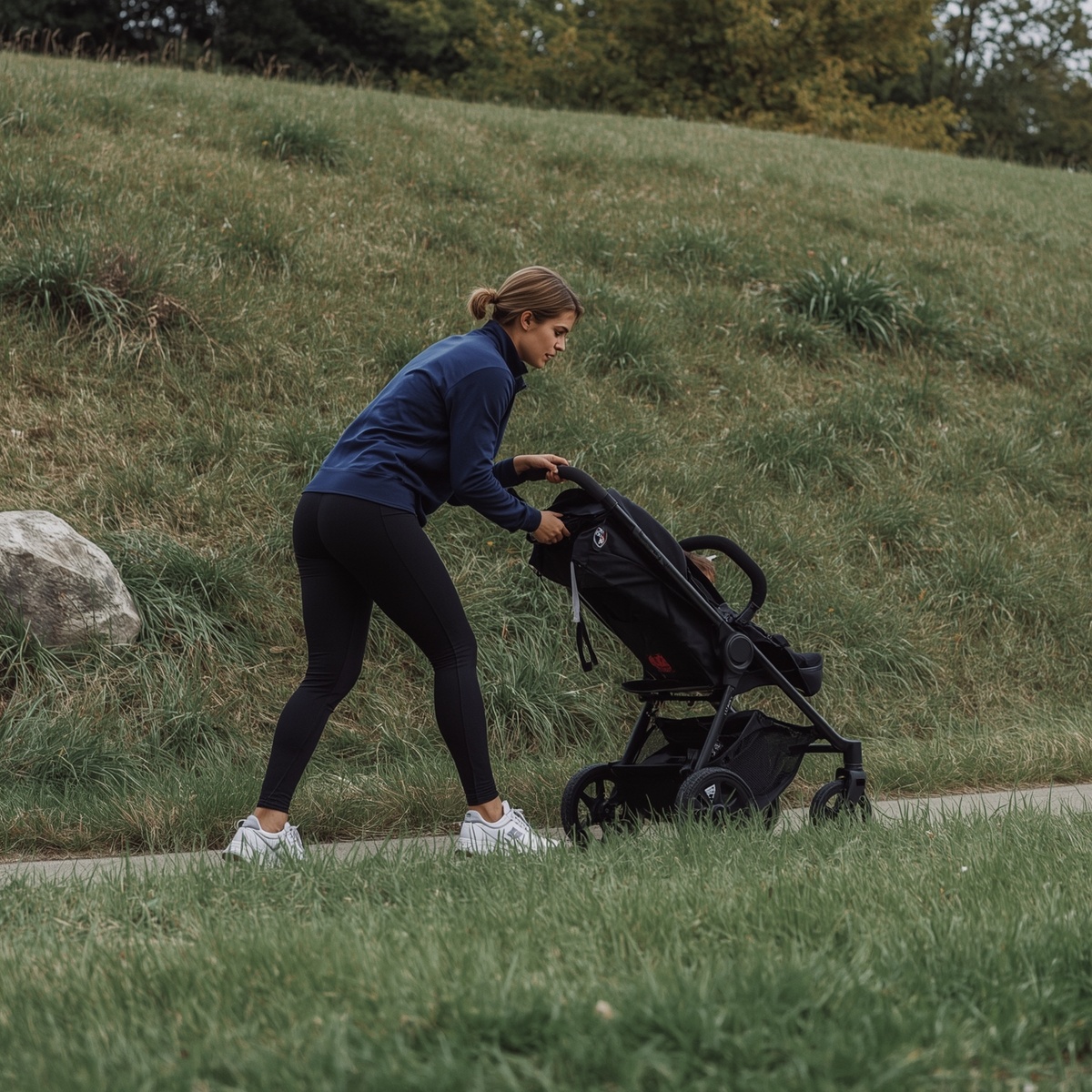 Мама энергично толкает коляску вверх по небольшому склону.