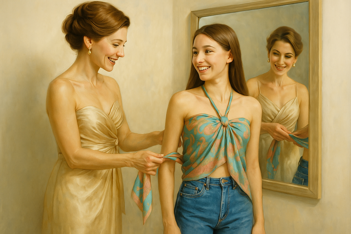 Рисунок нейросети. Действительно, у тех, кто вволю носил эти драпировки в начале 2000х, могут быть уже взрослые дочери... 