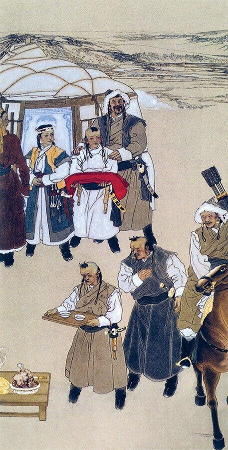 Есухэй-батор сосватал сыну Тэмужину невесту Бортэ. Современная настенная живопись. Мемориал Чингисхана в Ордосе (КНР)