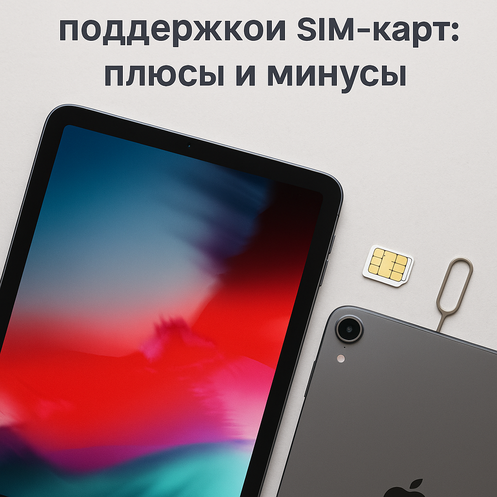 Планшет рядом с SIM-картой и скрепкой для извлечения лотка на светлом фоне. Надпись на русском: "Поддержкой SIM-карт: плюсы и минусы".