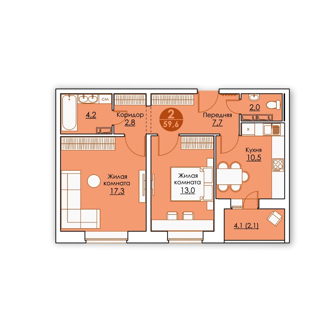 План двухкомнатной квартиры в ЖК «Все Свои». Общая площадь квартиры составляет 59,6 кв.м., а жилая равна площади двух комнат — 30,3 кв.м.