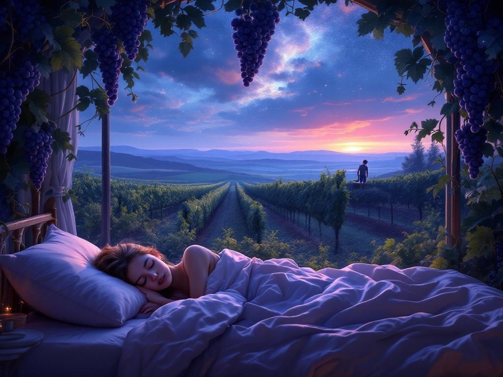    К чему такое снится: На картине изображён виноградник с обильными кластерами винограда. Один из рядов выделяется, как недавно посаженный. Вдалеке виден парень, который копает землю и саж