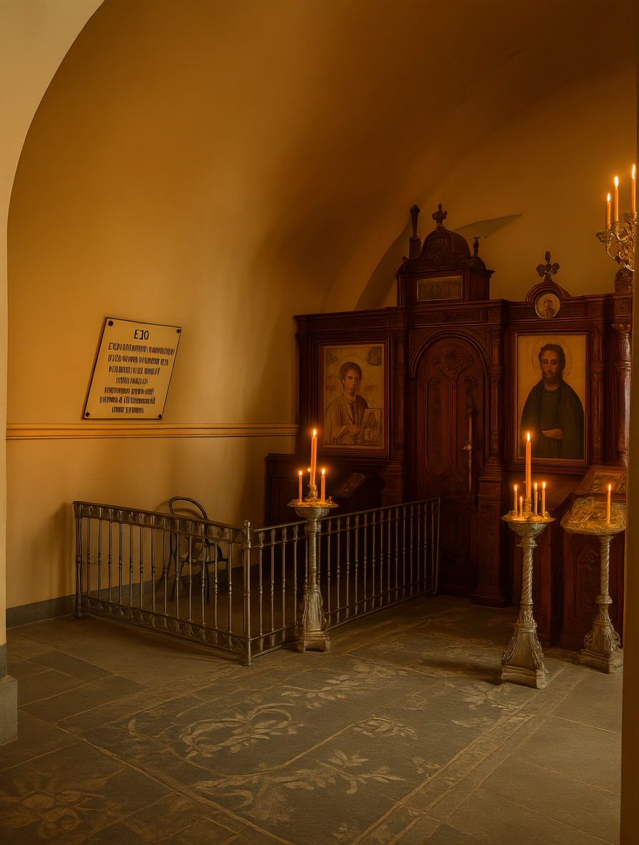 Памятная доска на стене полковой церкви Казанской иконы Божией Матери 12-го гренадерского Астраханского Императора Александра III полка. Москва. Спасские казармы. Фото колоризованное с помощью нейросети. Текст надписи на памятной доске: "Его Императорское Величество Государь Император Николай II-й Державный Шеф посетил полковую церковь Своего 12 гренадерскаго Астраханскаго Императора Александра III-го полка. 14 апреля 1903 года". Источник: Государственный исторический музей. "Интерьер полковой церкви. Неизвестный фотограф. 1900 г.". Ссылка: https://catalog.shm.ru/entity/OBJECT/2443729?page=16&query=12-й%20гренадерский%20Астраханский%20полк&index=791