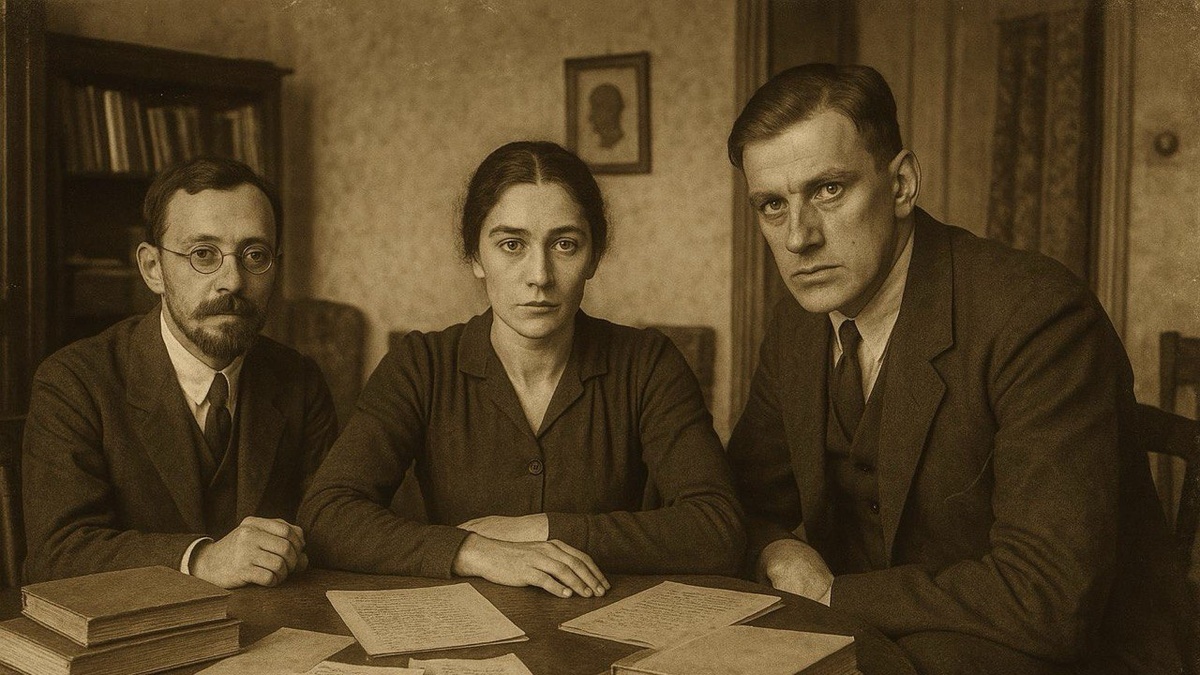 В иллюстративных целях. Владимир Маяковский и семья Брик. Нарисовано нейросетью.