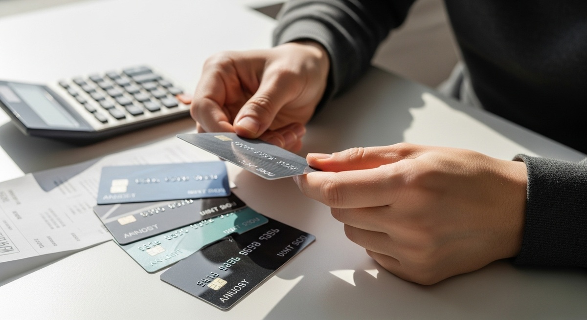 Выбор лучшей банковской карты для оплаты ЖКХ с кэшбэком. Несколько дебетовых карт на столе для сравнения.