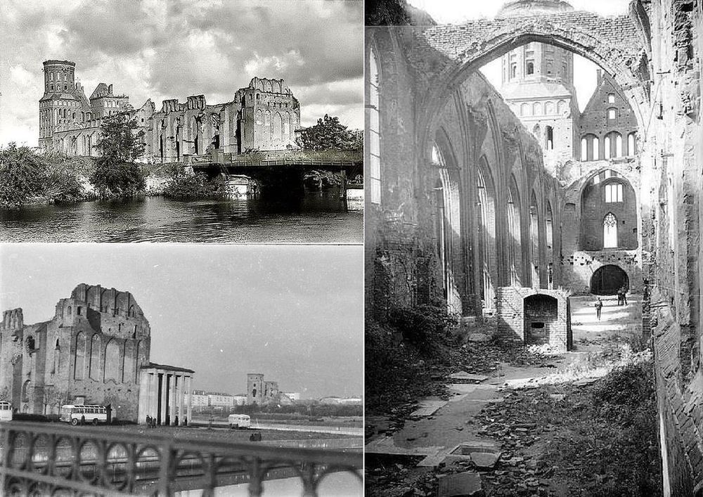 Фотоиллюстрация: Калининград (Кёнигсберг). Слева - вверху: Кафедральный собор в Калининграде с видом на «Медовый мостик». Слева - внизу: открытый колонный зал-пристройка к Кафедральному собору над могилой Иммануила Канта. Вдали за автобусом видна одна из башен Королевского замка-крепости Кёнигсберга. Справа: внутренний интерьер разрушенного Кафедрального собора. Все фотоснимки из периода времени 60-х годов XX века. Такими я и мои боевые товарищи из БЧ-1 БПК «Бодрый» увидели Кафедральный собор и его окрестности 09 января 1972 года.