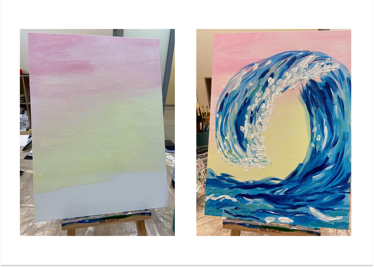 Краски «Комус Арт» можно использовать в прозрачных лессировках, как на фоне, и в плотных, пастозных техниках, как на пене волны. Это делает набор универсальным для экспериментов 