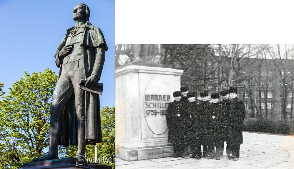 Фотоиллюстрация из первого тома ДМБовского альбома автора: 9 января 1971 года. Памятник Фридриху Шиллеру в сквере напротив Калининградского областного драматического театра. Весь личный состав БЧ-1 БПК «Бодрый»: Александр Суворов; мой друг и наставник Олег Ховращенко; Анатолий Телешев, мой друг и соперник по рулевому делу, будущий командир отделения рулевых на БПК «Свирепый». Остальные матросы: Иван - старшина 2 статьи, командир отделения рулевых БЧ-1 БПК "Бодрый"; Владимир, Томас (Домас) и Юра Мятлин, мой боевой товарищ из 9-го Флотского экипажа ДКБФ в городе Пионерский. Фотографировал нас командир БЧ-1, штурман БПК «Бодрый», лейтенант Палкин (других данных о ребятах у меня нет – автор).
