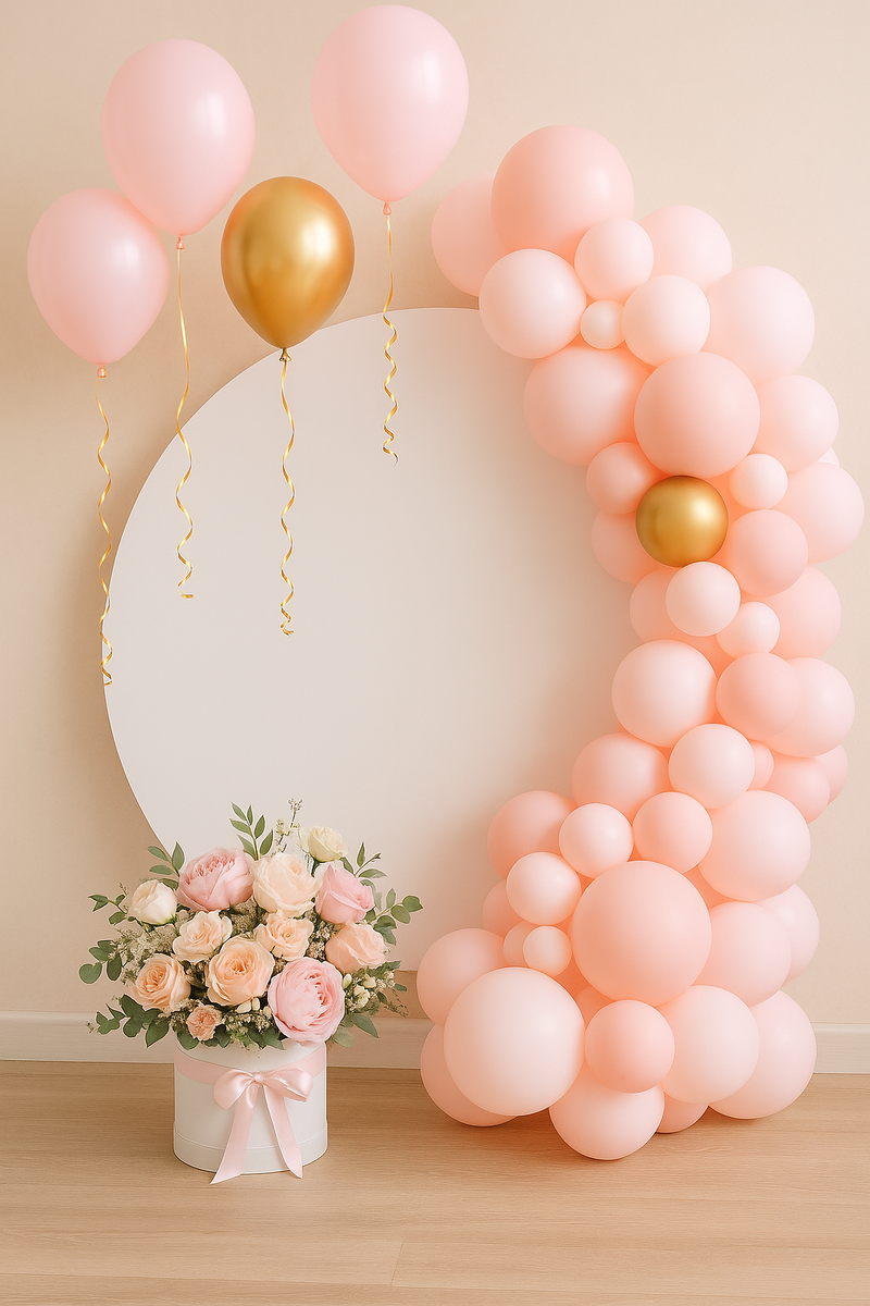 Сюрприз на выписку: шары и цветы в нежных тонах.