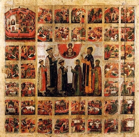 Икона самых почитаемых муромских святых: благоверных князей Константина со чадами Михаилом и Феодором, Петра и Февронии и праведной Иулиании Лазаревской с житием Петра и Февронии. Создана в 1669 году для Георгиевской церкви города Мурома по заказу состоятельного муромского посадского жителя - Сидора Матвеевича Лопатина. Он же выделил средства на строительство каменного храма. В тридцатые годы XX века Георгиевская церковь была закрыта и разрушена.