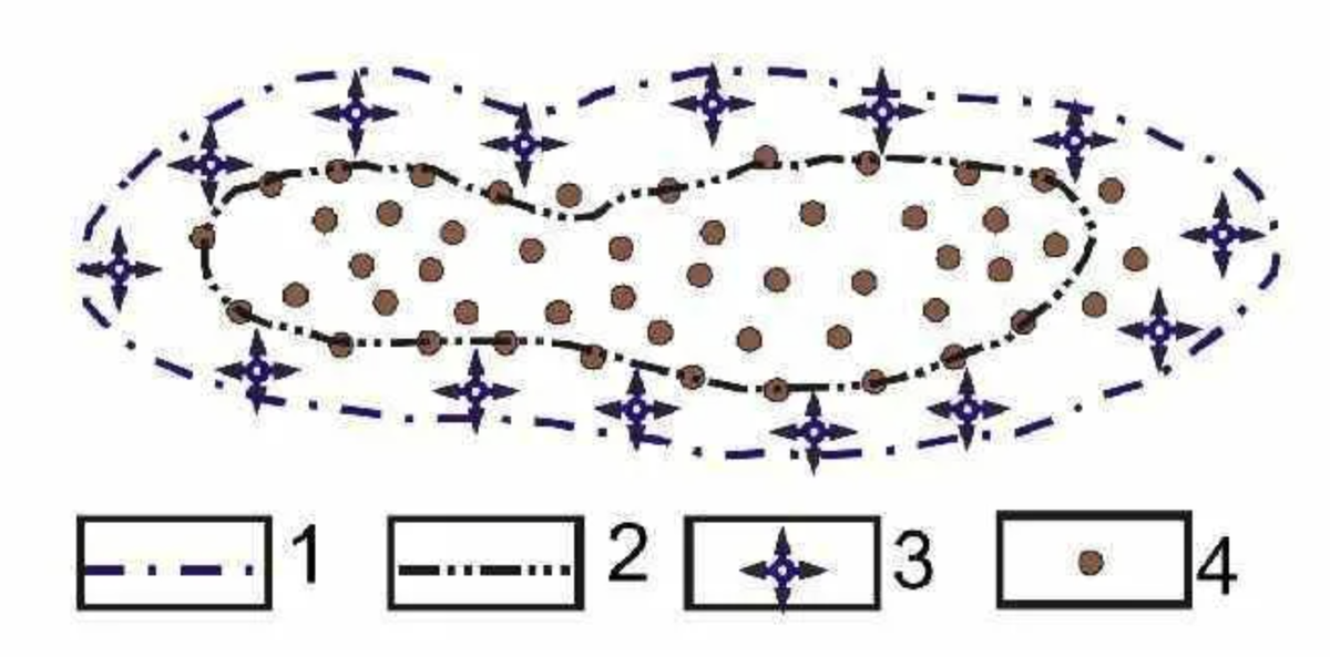 1-внешний контур нефтеносности; 2-внутренний контур нефтеносности; 3-нагнетательные скважины; 4-добывающие скважины