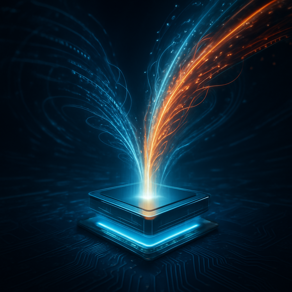 В центре кадра сияющий процессор выбрасывает две струи световых частиц — холодно-голубую и огненно-оранжевую, символизируя сверхбыструю диффузионную генерацию токенов Mercury.