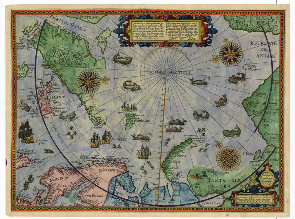 Карта полярных районов, составленная по итогам экспедиций В. Баренца. Гравёр Баптиста Детекум. Амстердам,1598 г.