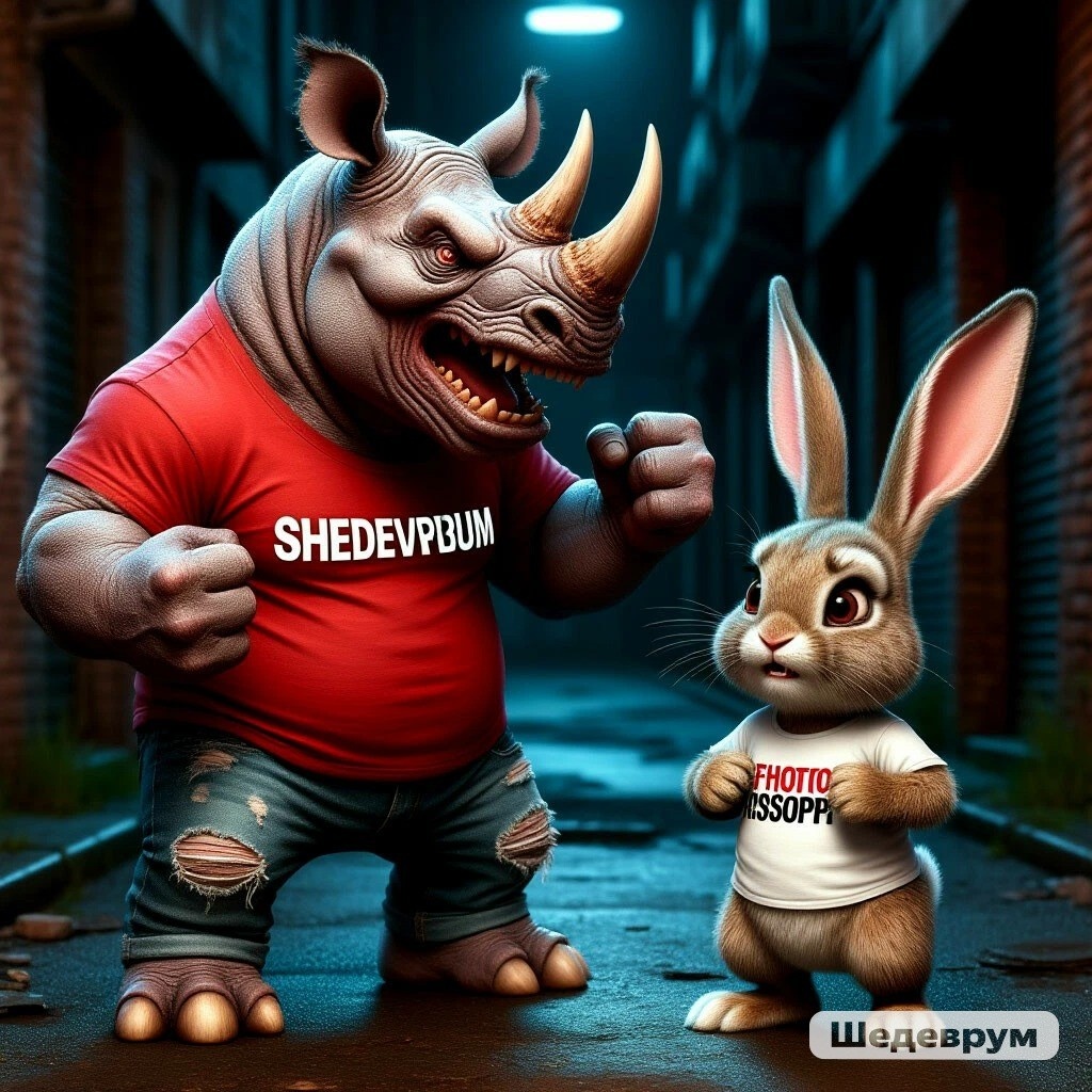 Запрос в шедеврум: злой оскаленный человекообразный носорог в красной футболке и джинсах с надписью "SHEDEVRUM" показывает кулак, маленькому испуганному зайчику с поджатыми опущенными ушами лапки сложил в белой футболке с надписью "FHOTOSHOP". в тёмном переулке