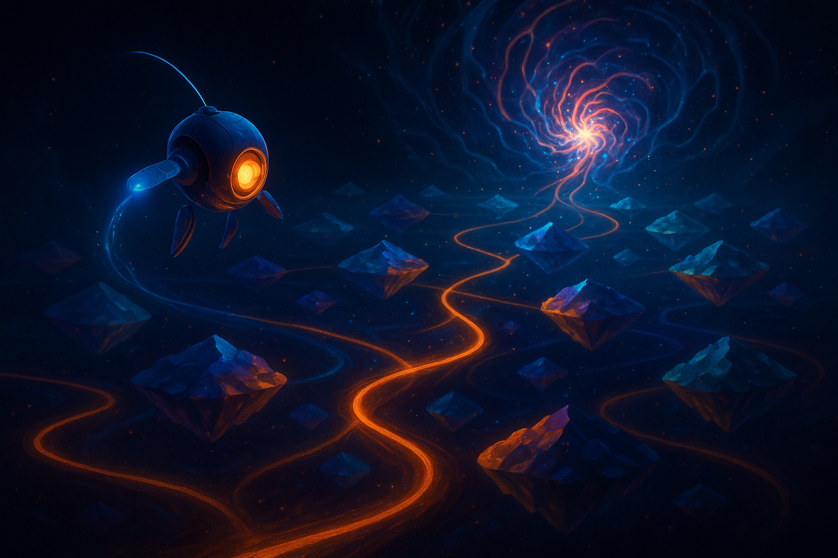 Светящийся дрон-исследователь скользит по огненным траекториям между парящими островками-мирами, устремляясь к вихрю данных — образ эпохи, где именно исследование раскрывает потенциал ИИ.