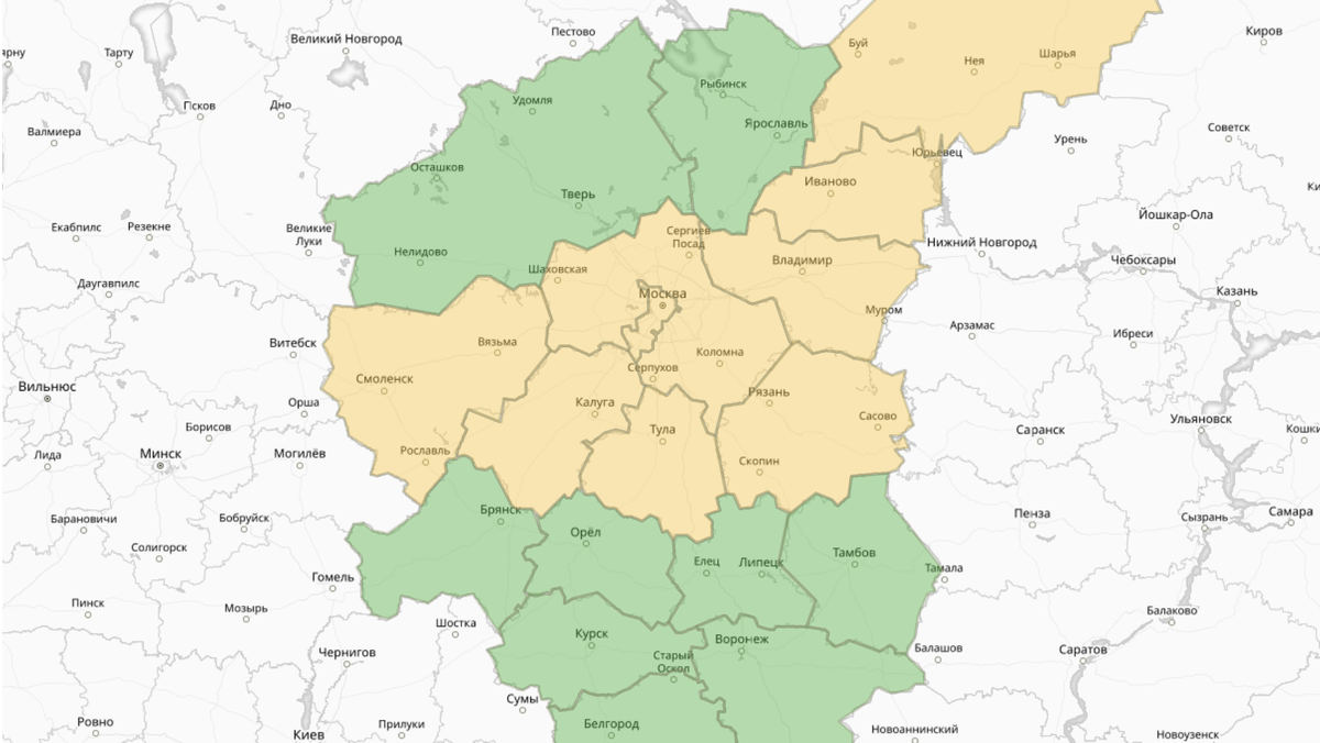    Жёлтым отмечены регионы, где заморозки ожидают 12 и 13 мая. Источник: Гидрометцентр