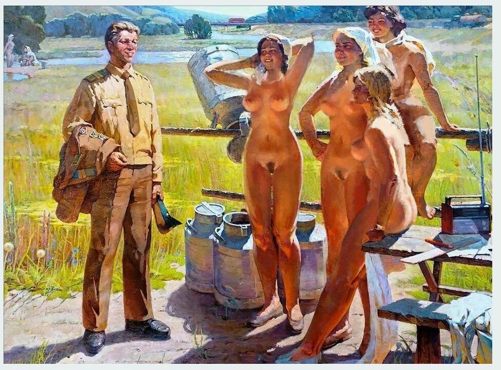 ВЕРСИЯ В ЖАНРЕ " НЮ " КАРТИНЫ ХУДОЖНИКА ЛЕВИТИНА АНАТОЛИЯ ПАВЛОВИЧА "В РОДНУЮ БРИГАДУ " 1972 ГОД