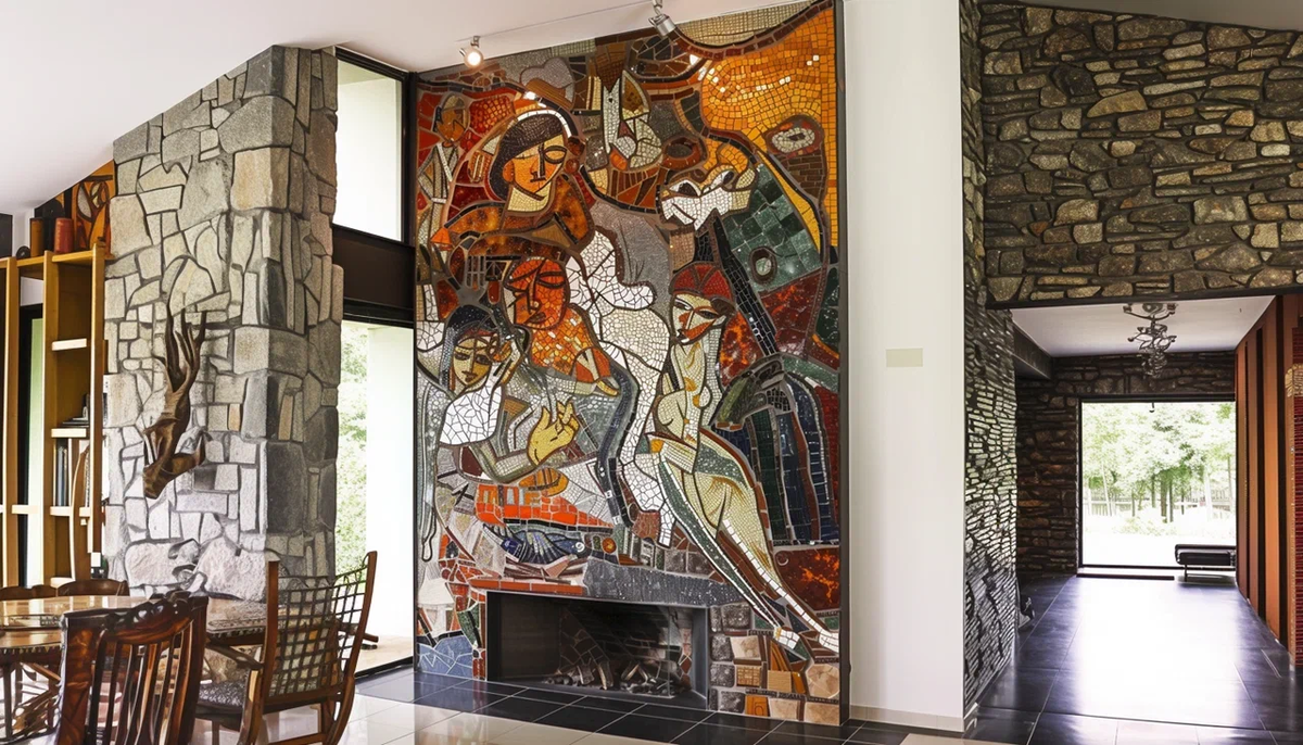 Пример использования мозаичного панно на камине внутри помещения
